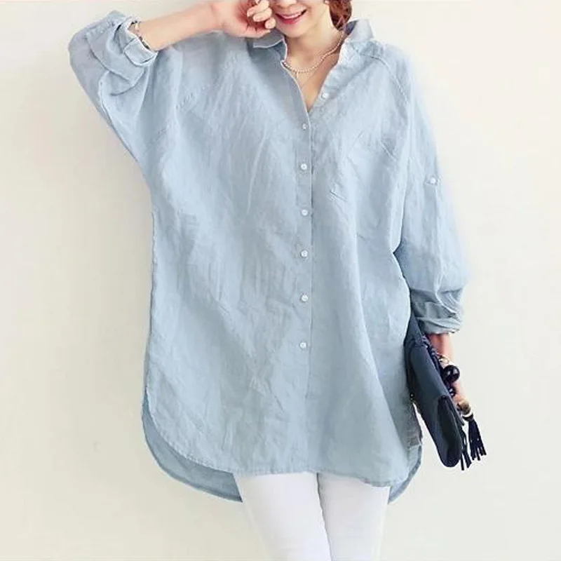 

Cotton Linen Shirt 2021 Spring Summer Korean Oversize Loose Linen Shirt Women Mid Length Casual Shirt Tops Mujer
