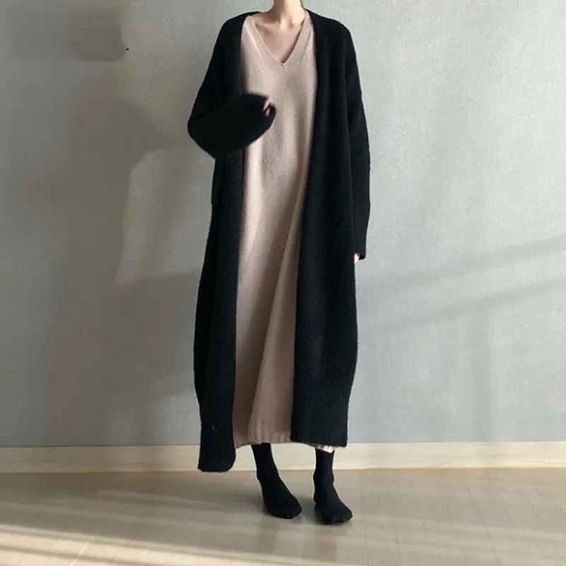 

Winter Casual Office Cardigan Elegant Ladies Loose Ribbed Knitted Oversize Sweaters Black Knitwear Stylish Sweater Long Jacket