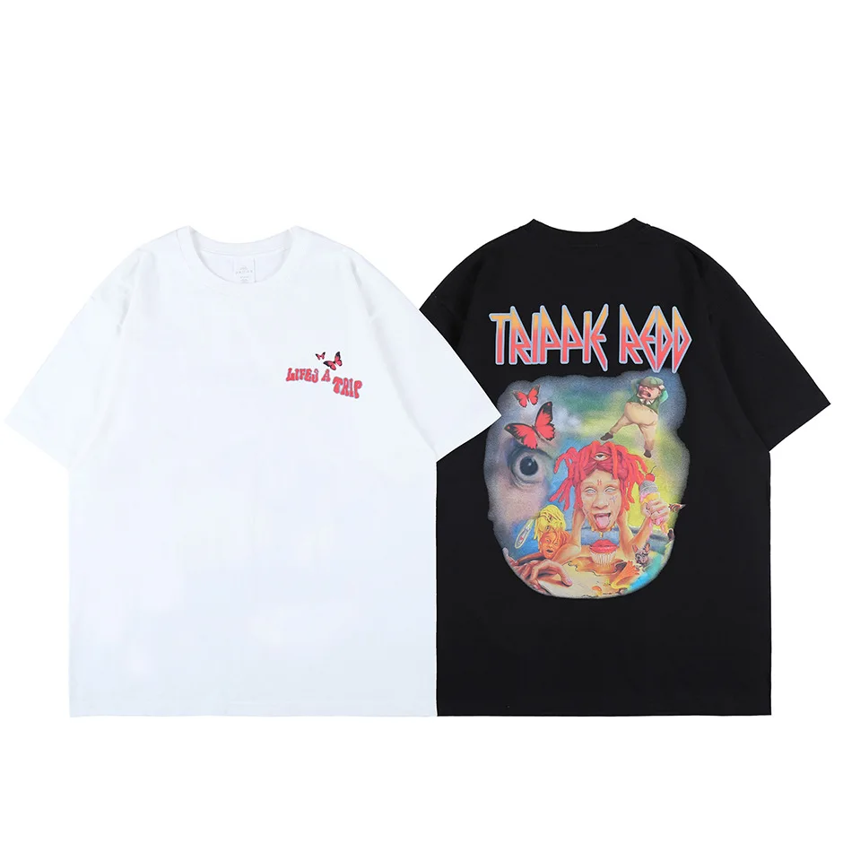 

Travis loose high street simple print T-shirt Street loose spoof doll print Short Sleeve Tee couple man