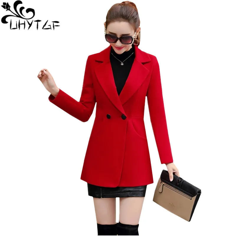 

UHYTGF Autumn And Winter Woolen Jacket Female Clothing Medium Length Wild Women Coats Wool Outerwear Suit Collar Slim Jacket 123