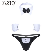 Mens Waiter Lingerie Sexy Clubwear G-string Thong Sexy Panties Jockstraps Gay Men Underwear with Bow Tie Collar Bracelets