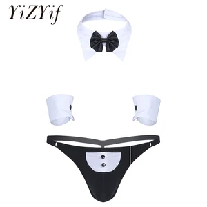 mens waiter lingerie sexy clubwear g string thong sexy panties jockstraps gay men underwear with bow tie collar bracelets free global shipping