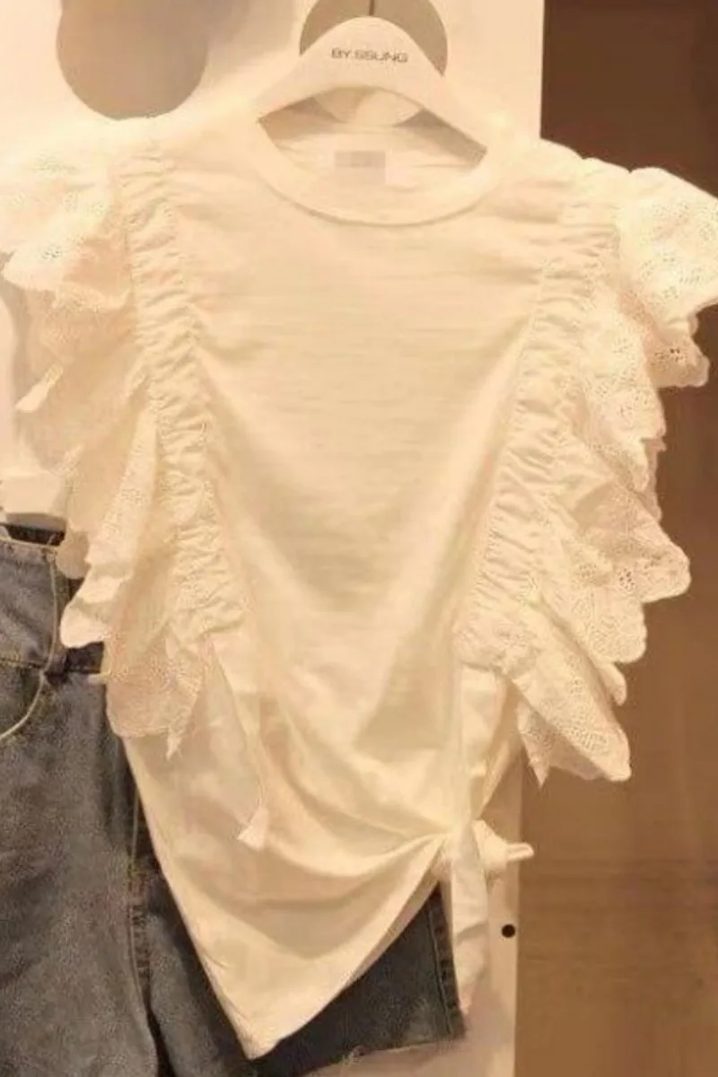 

2021 Spring New Lace Patchwork Solid O Neck Fly Sleeve T-shirt Women's Casual Top Fashion