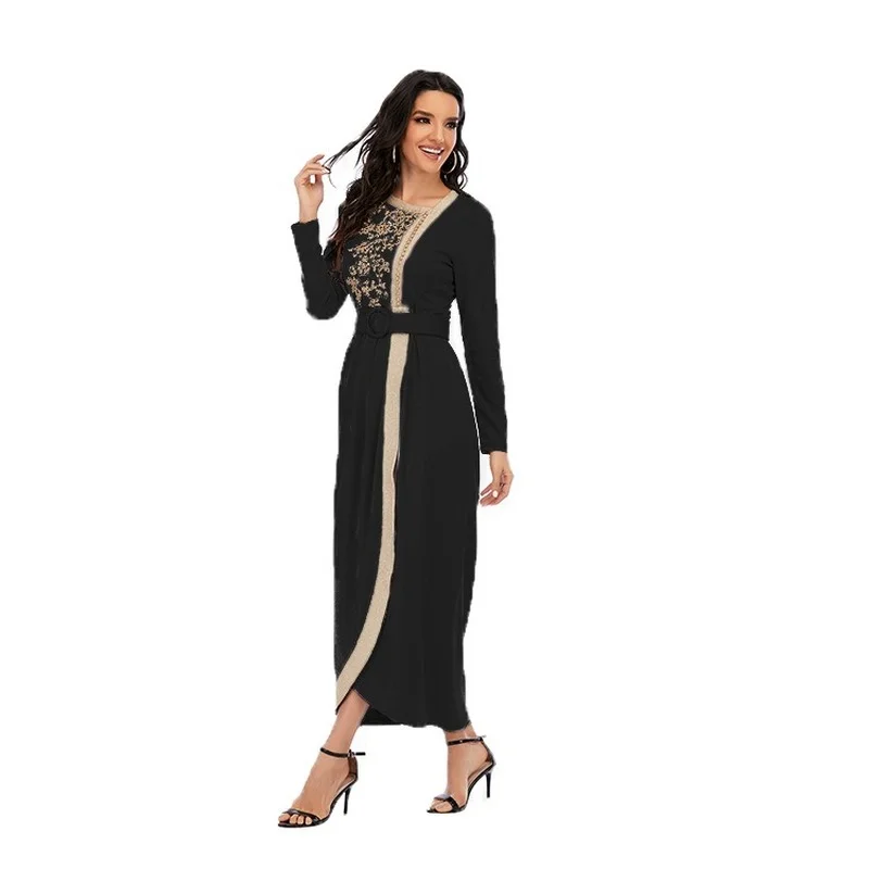 Muslim Dress Middle East Ramadan Dubai Abaya Turkey Muslim Fashion Robes New Embroidery Beaded Slim Long Dress Belt Donsignet