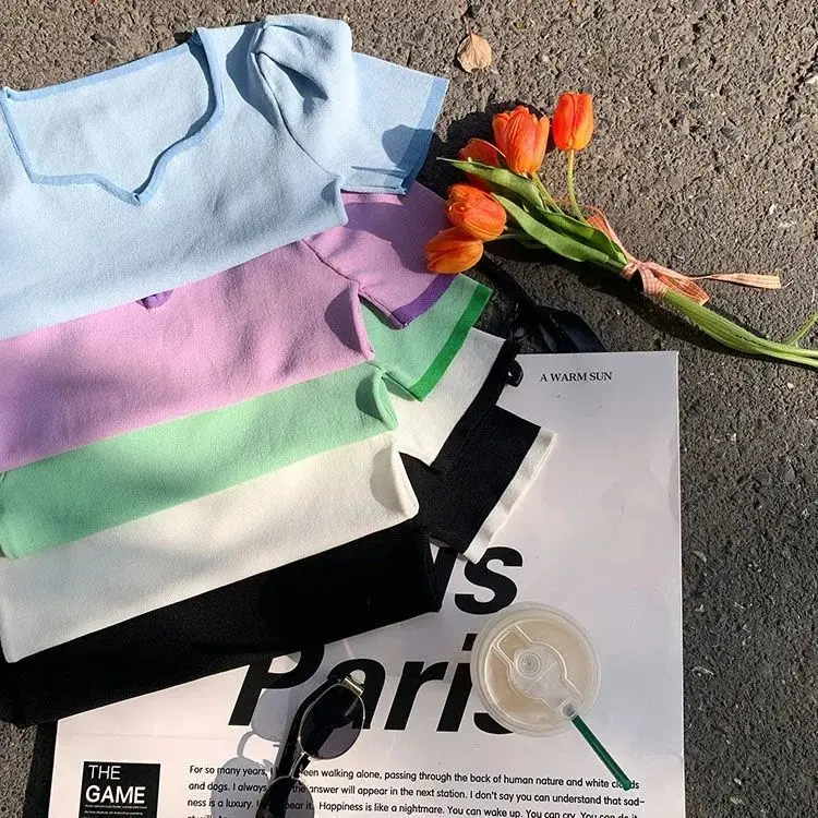 

2021 summer ice silk new top design feeling square neck ice silk short sleeve solid color T-shirt bottomed sweater