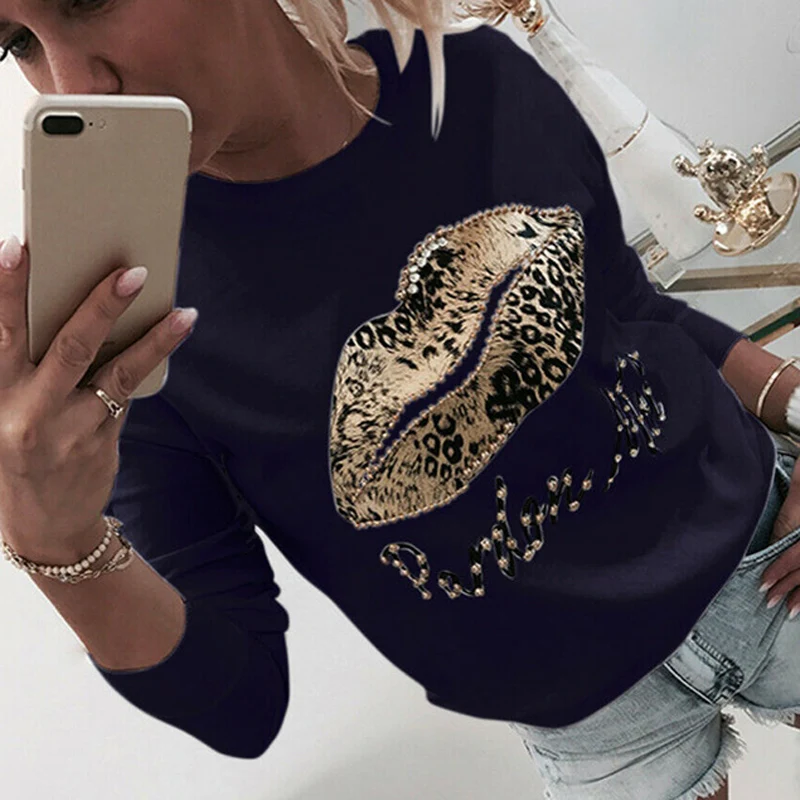 Women Sequins Lips Print Fashionable Sweatshirt Autumn Leopard Long Sleeve Beading Hoodie Lady O-neck Kawaii Sweatshirt Hoodies