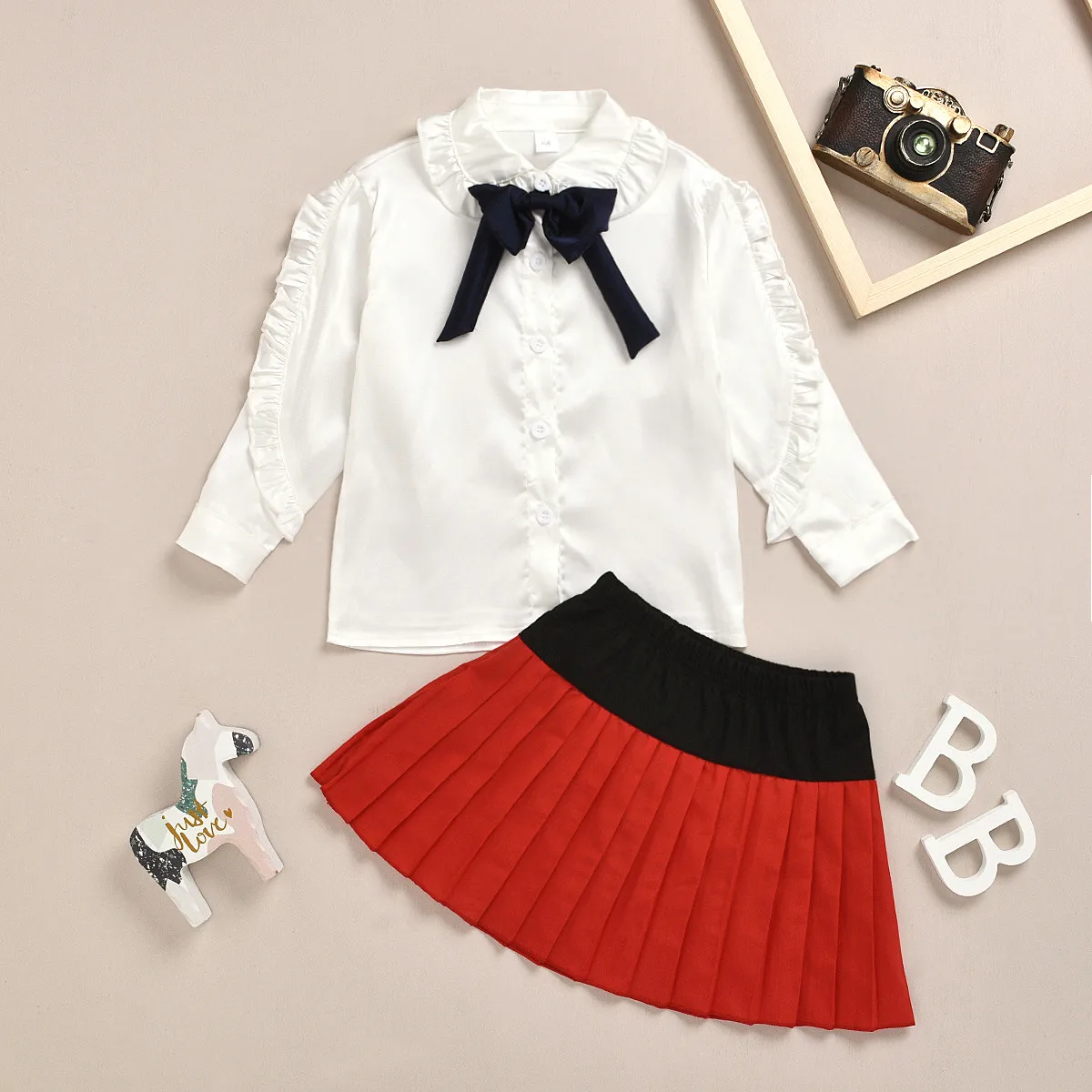 Toddler Baby girls kids summer clothes outfits Preppy Style Solid Ruched Bow T-shirt Tops Skirt Set ensemble enfant fille#y5 | Мать и