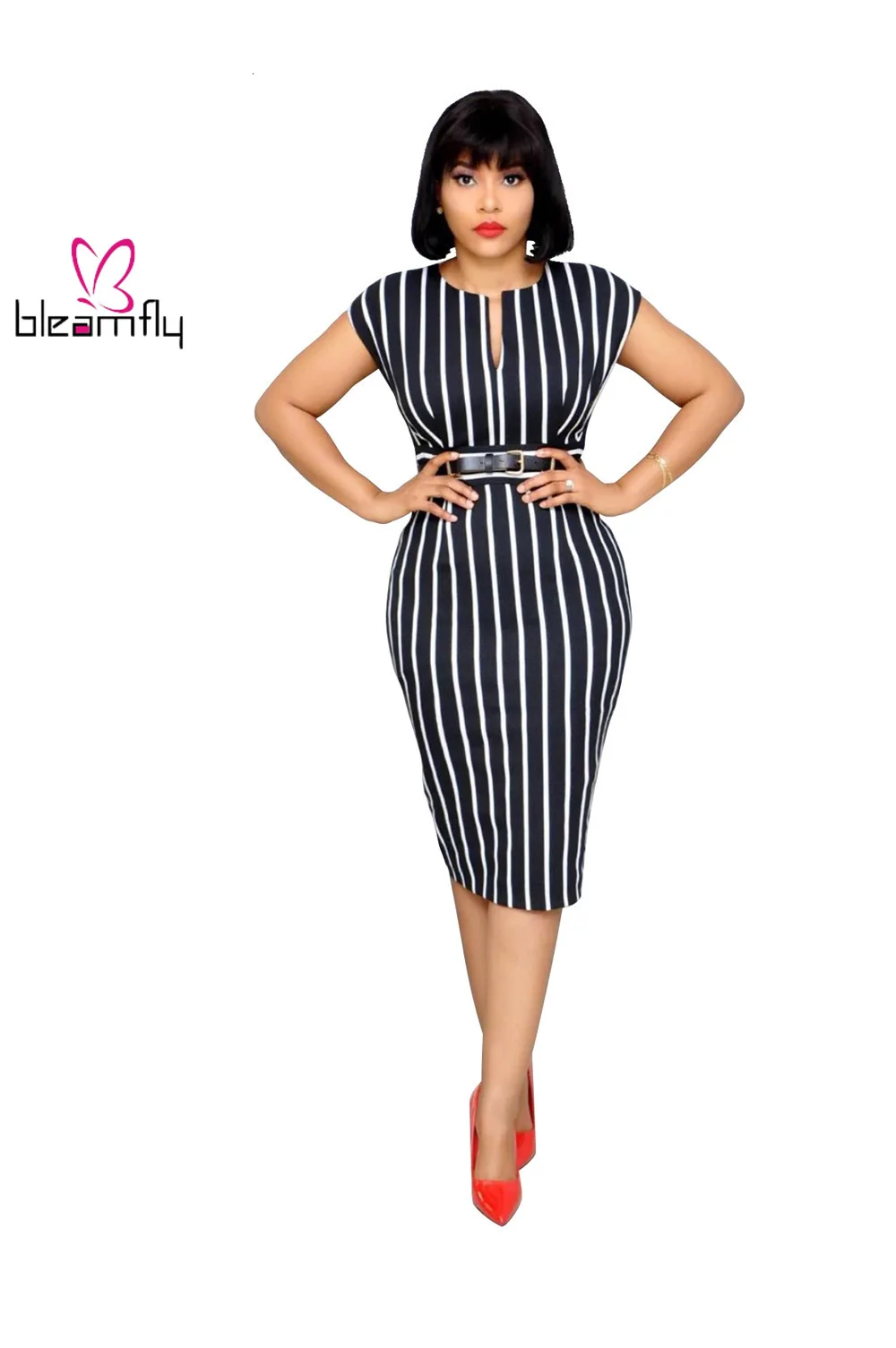 Новинка 2019 женское осеннее платье с коротким рукавом в полоску принтом офисное