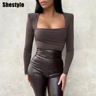 Женское боди с квадратным вырезом Shestyle, винтажное облегающее однотонное боди с подкладкой на плечах, элегантное стильное боди для офиса