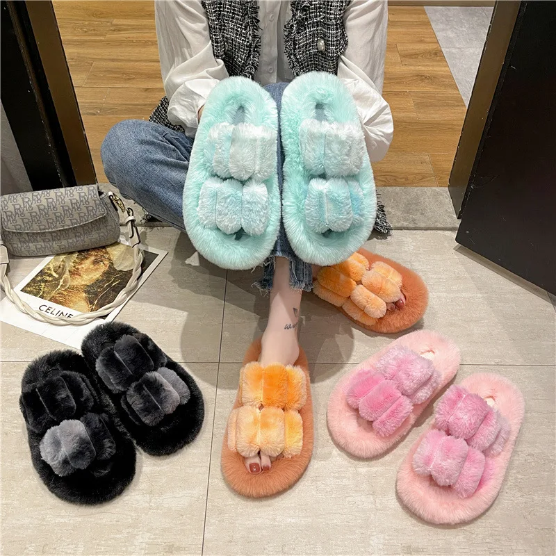 

2021 Winter Fuzzy Slippers Women Home Fashion Platform Fluffy Soft Plush Indoor Ladies Open Toe Slides House Warm Cotton Shoes