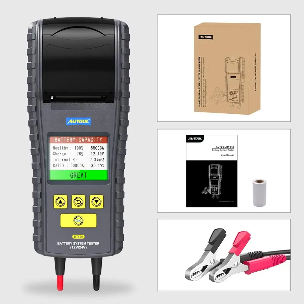

AUTOOL BT860 Car Battery Tester with Printer & Real Time Temperature Monitoring 3.2'' 12- 24V Battery Tester Tool Russian Polish