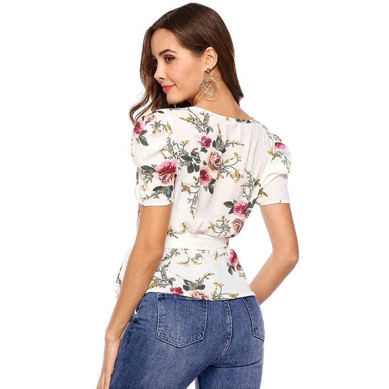 

2019 Summer New Women's V-neck Print Puff Sleeve Sexy Cardigan Chiffon Shirt Lady Short Sleeve Casual Blouses