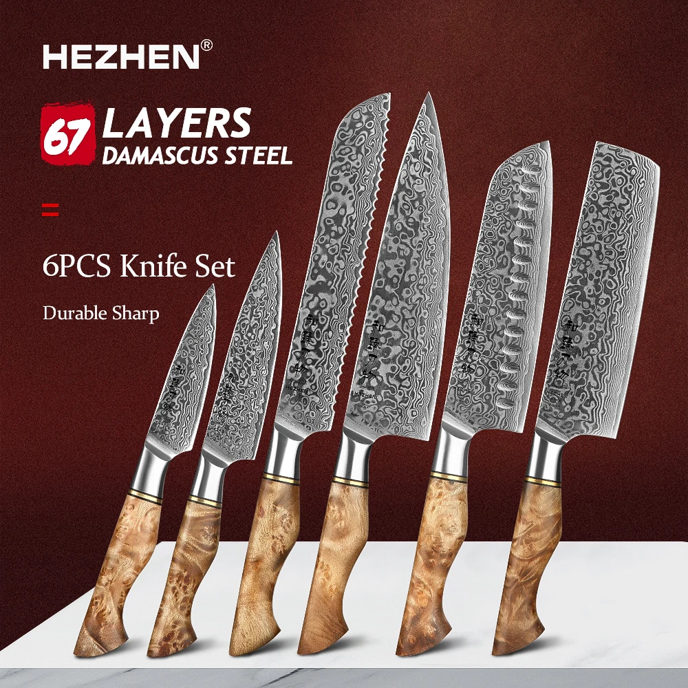 

HEZHEN 6PC Kitchen Knife Master Series Lasting Chef Santoku Nakiri Sharpness Damasucs Super Steel Cook Knives Tools