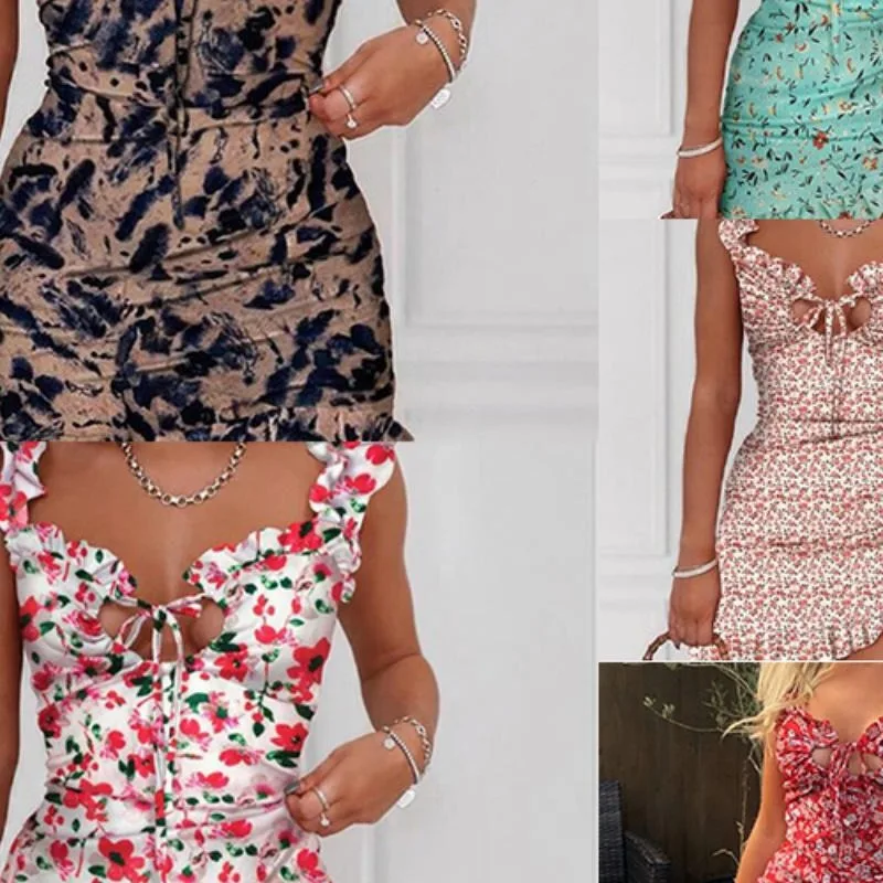 

2021 Summer New Fashion Print Short Sleeve Sexy Slim High Waist Ruffle Skirt