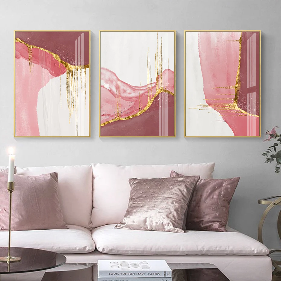 

Abstract Golden Pink White Canvas Painting Nordic Modern Gold Wall Art Prints Poster Pictures for Living Room Decor No Frame