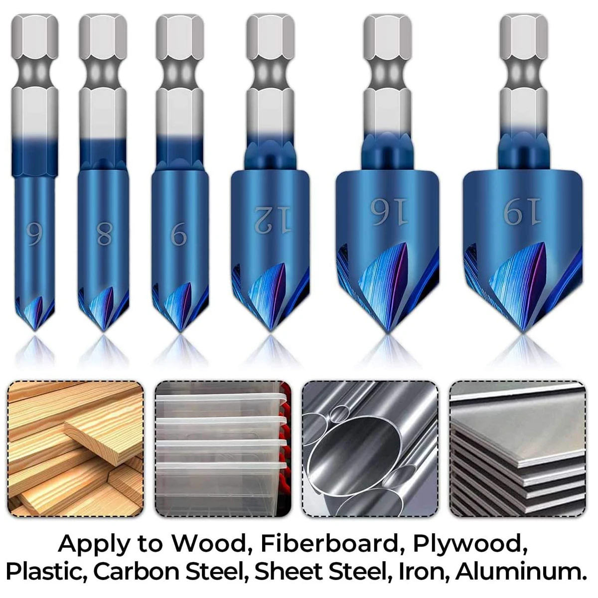 

6PCS Industrial Countersink Drill Bit 1/4" Hex Shank 90 Degree Wood Chamfering Cutter Blue Coated Chamfer Tool