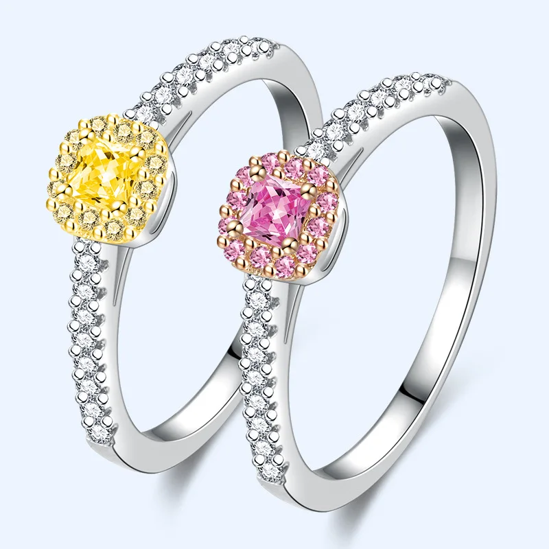 

Romantic Color Yellow Diamond Rings Women's Square Imitation Pink Diamond Luxury Jewelry Wedding 925 Sterling Silver