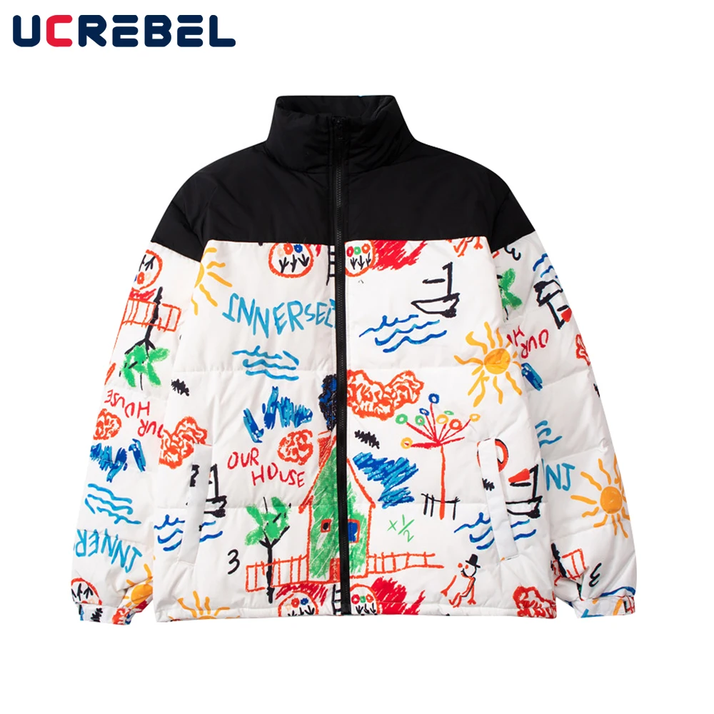 

Стеганая мужская куртка с мультяшным принтом граффити, зимняя стеганая куртка, уличная одежда, повседневная свободная толстая верхняя одеж...