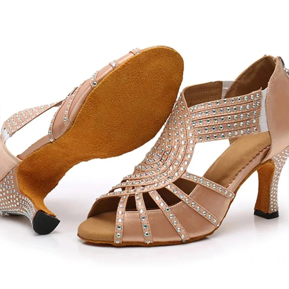 Latin Pointe Dance Shoes  Rumba Samba Gold Flash Rhinestones Ballroom Dancing Shoes Medium Heel Women Diamond Party Salsa Shoes