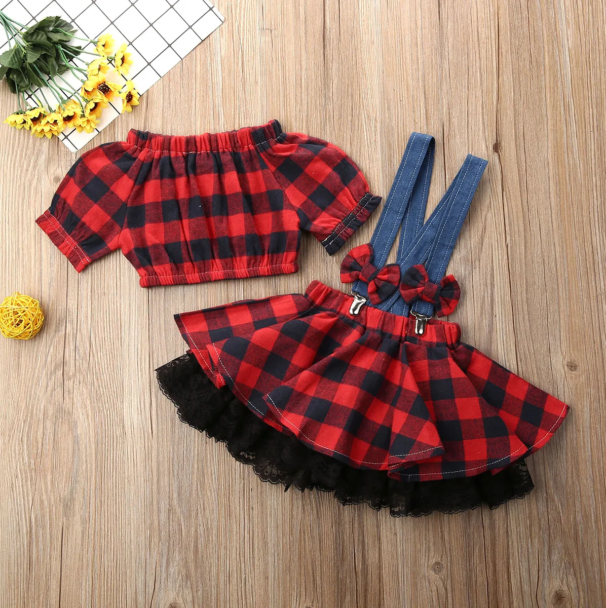 1-2Years Christmas Kids Baby Girl Plaids Vest Tops+Bib Lace Dress Princess Party Clothes | Детская одежда и обувь