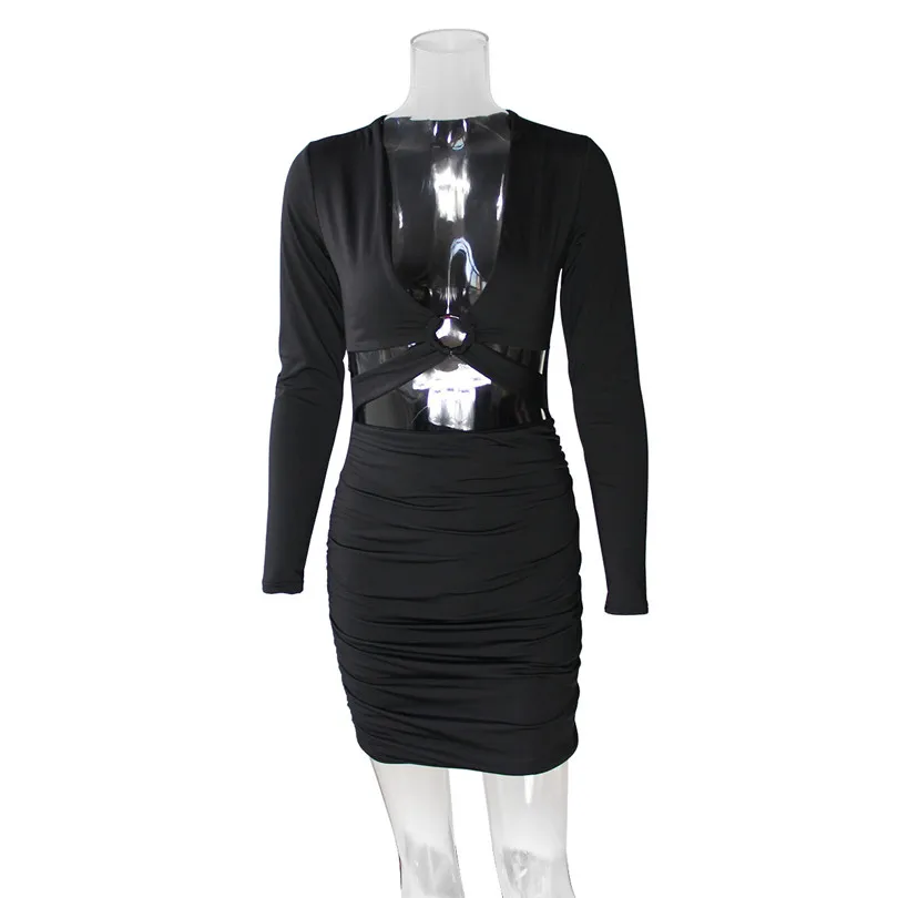 

LJCUIYAO Deep V Neck Ribbed Long Sleeve Bodycon Dresses Women Patchwork Folds Hollow Out Club Party Wear Fashion Mini Clothes