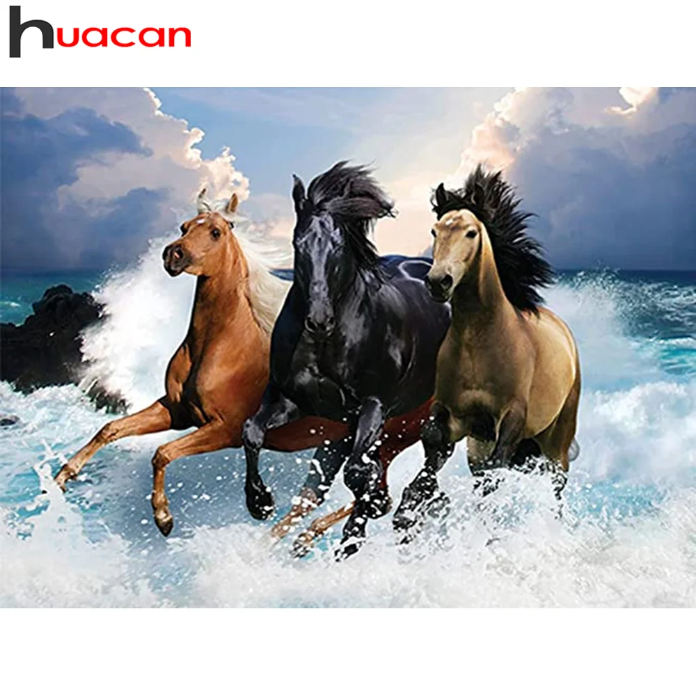 

Алмазная живопись Huacan, картина с изображением лошади, моря, домашний декор, мозаика с изображением животных, вышивка пейзажа Алмазная вышив...