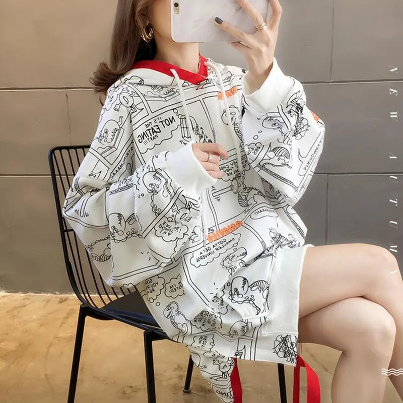 

2019 осень-зима Для женщин с длинным рукавом и принтами, толстовка с капюшоном, толстовка милый спортивный костюм пальто повседневные свободн...