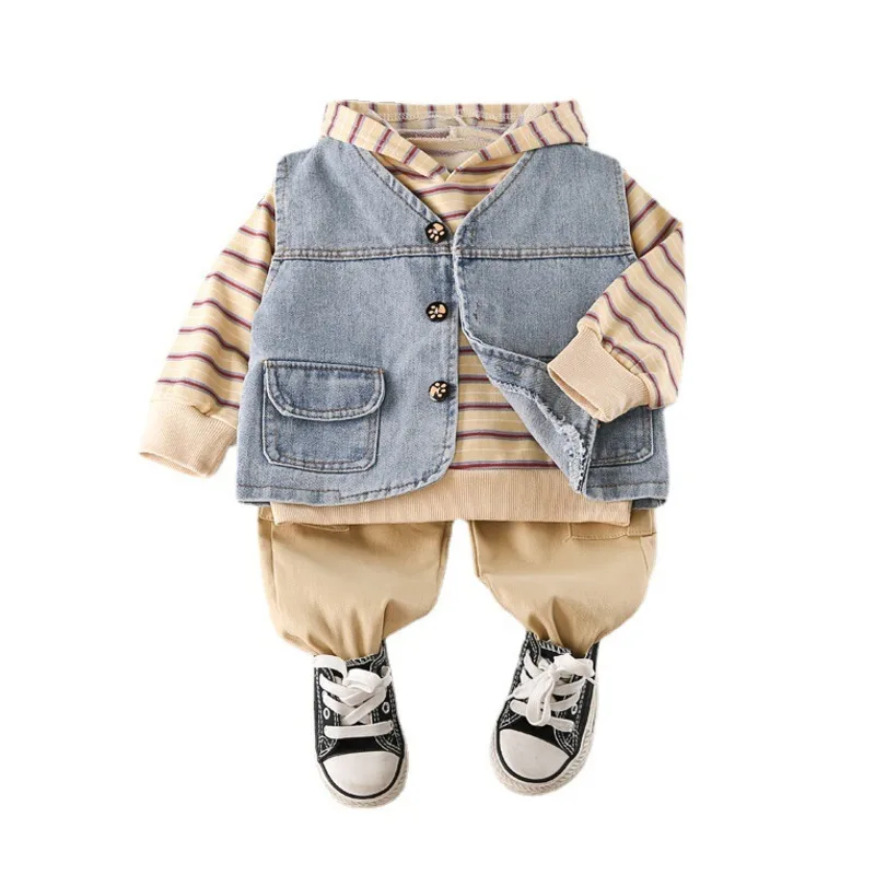 

New Children Casual Clothes Autumn Baby Boys Girls Vest Striped Hoodies Pants 3Pcs/Set Infant Cartoon Costume Kids Sportswear