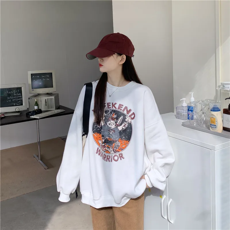 

Crewneck Sweatshirt Vintage Aesthetic Cartoon Printed Oversize Hoodies Crew Neck Hoodies Lovely Casual O Neck Print White Hoodie