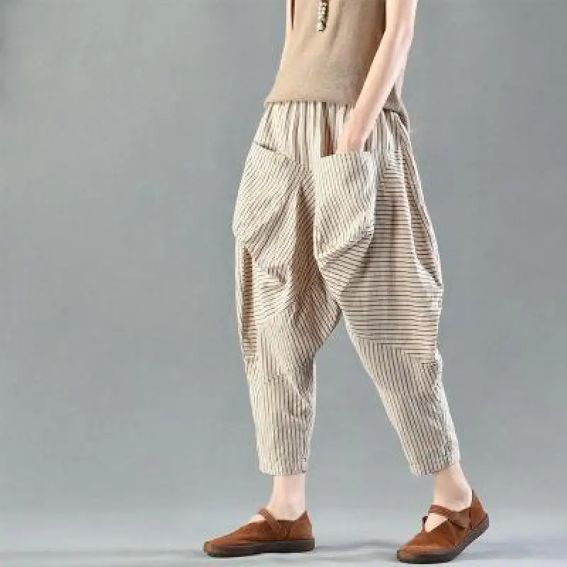 

Женские Простые шаровары в полоску, серые шаровары с большими карманами и высокой талией в ретро-стиле, осень 2022