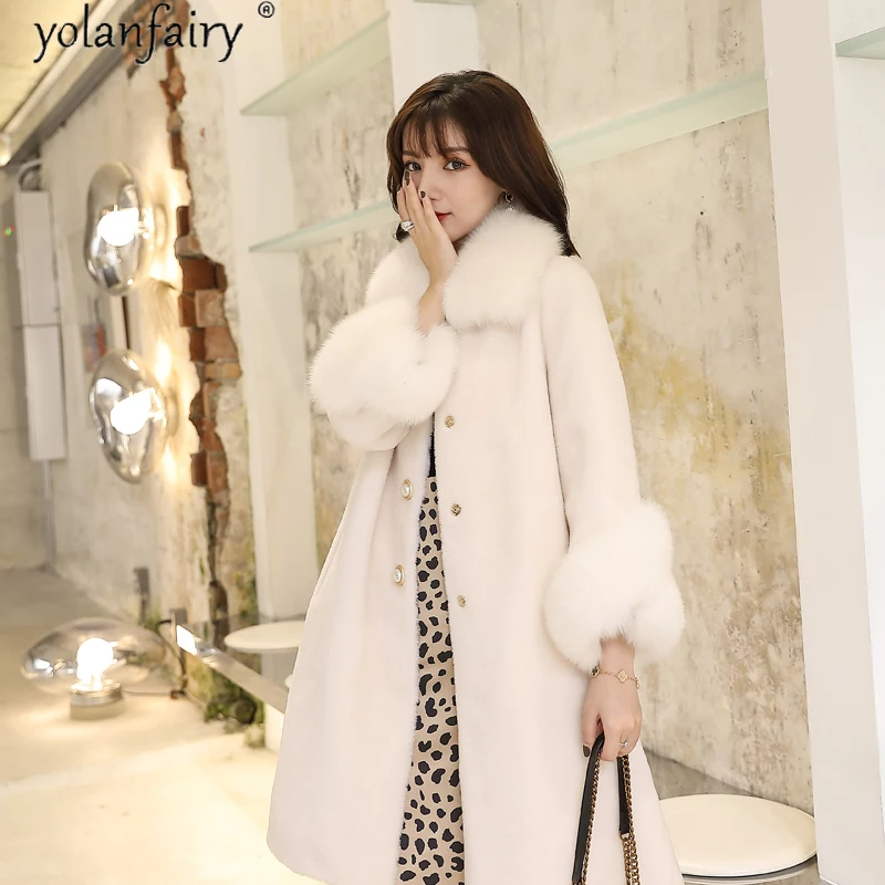 

100% Wool Real Fur Coat Female Jacket Fox Fur Collar Winter Clothes Women High Quality Korean Vintage Jackets for Women 2021