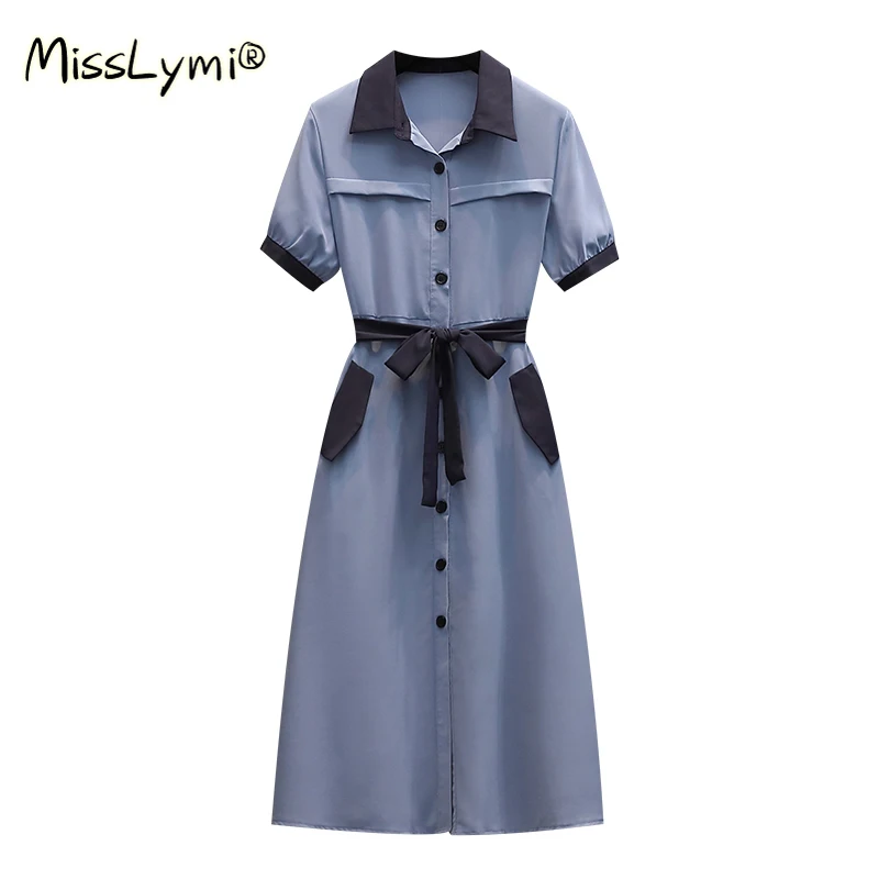 

4XL Plus Size Women French Elegant Blue Shirt Dress Summer 2021 Short Sleeve Patchwork Color Ladies Loose Casual A-Line Dresses