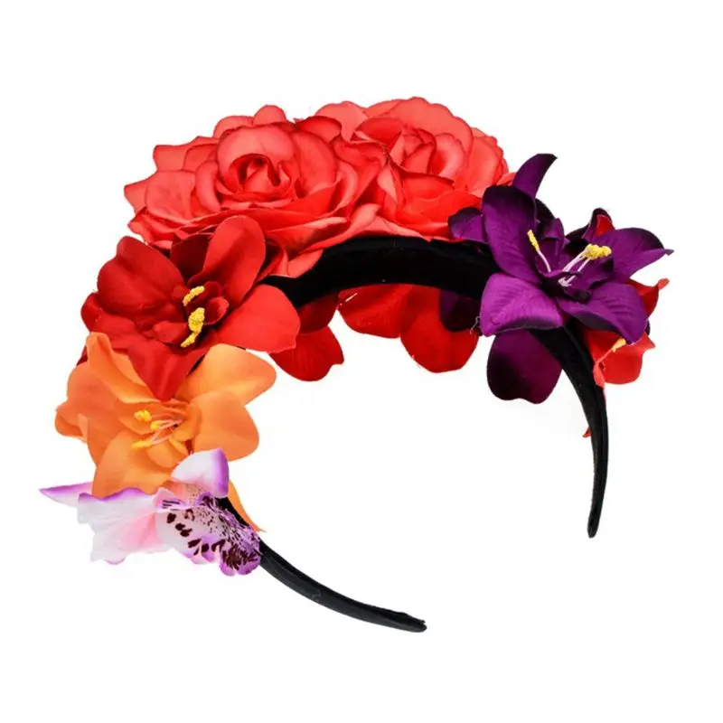 Womens Mexican Simulated Rose Flower Crown Headband Day of The Dead Halloween Headpiece Colorful Fake Stamen Party Hair Hoop images - 6