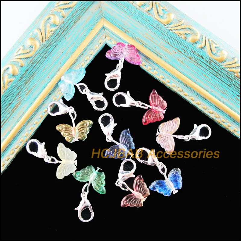 

20 New Crystal Butterfly Animal Charms Silver Plated Leaves Bail With Lobster Claw Clasps Mixed