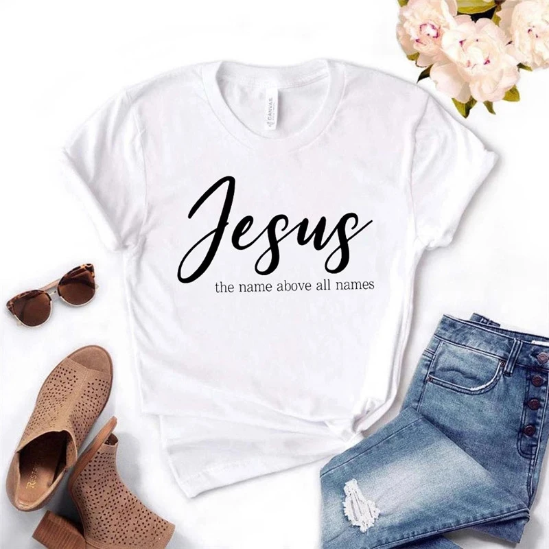 

Women Jesus Name Above All Names Letters Graphic Print Summer T Shirt Short Sleeve Leisure Top Tee Casual Ladies Female T Shirts