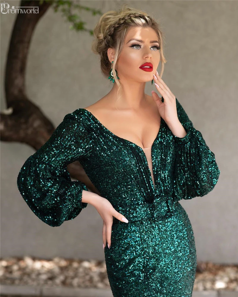Green Muslim Evening Dresses Long 2021 V-Neck Full Sleeves Sexy Backless Formal Mermaid Gowns Vestido De Festa Longo | Свадьбы и
