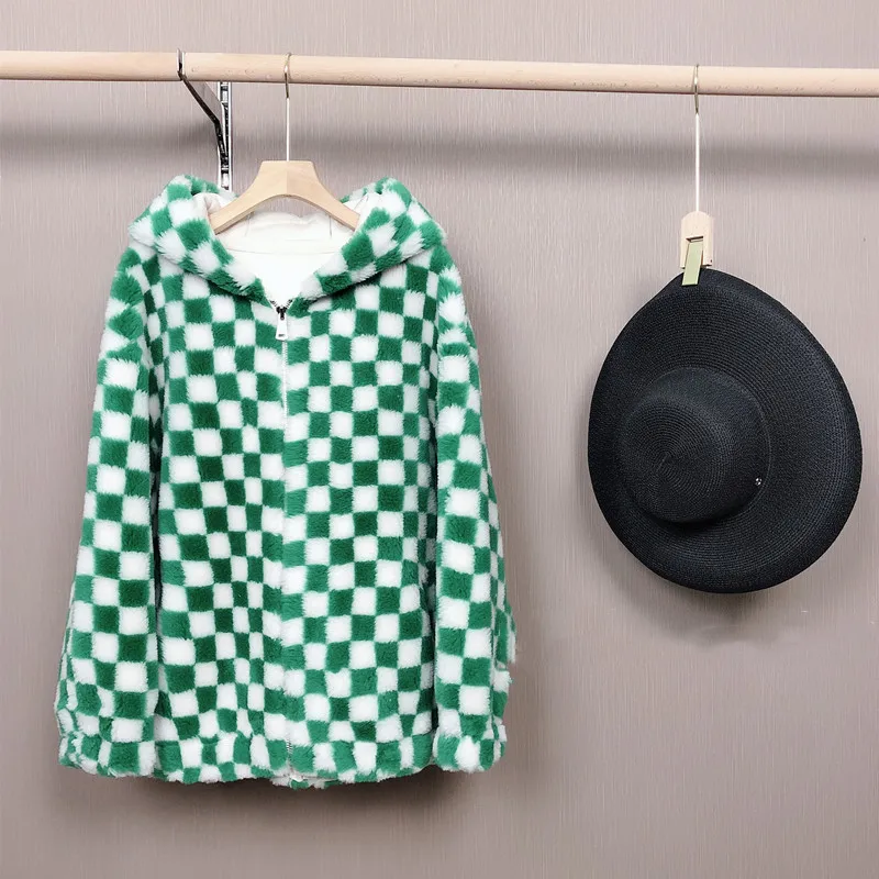 Winter Korean Style Women's High Quality Plaid Wool Fur Leather Coat C271