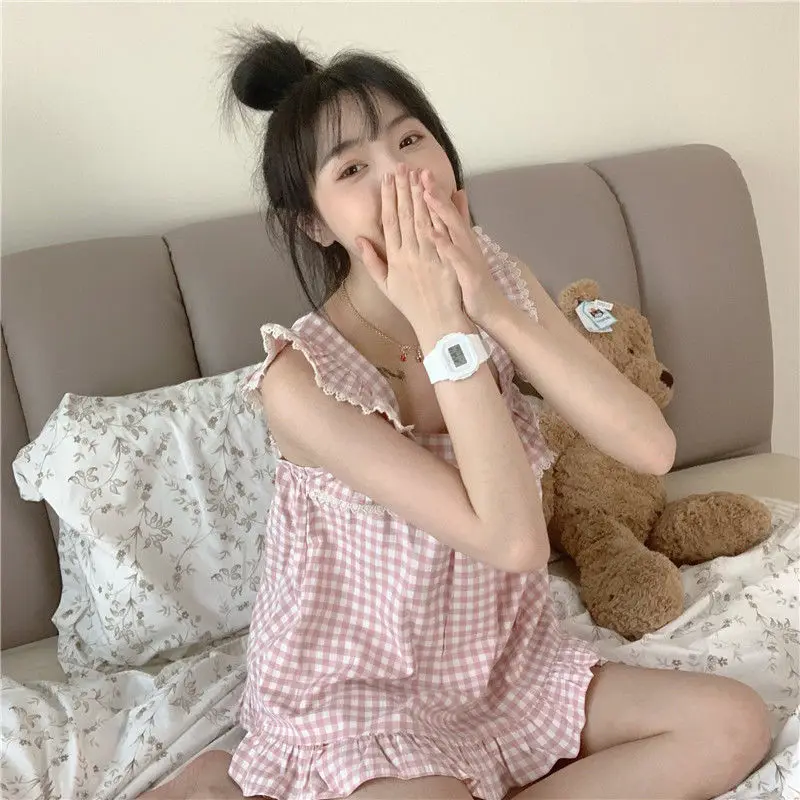 QWEEK Kawaii Plaid Pajamas for Teenager Lace Sleepwear 2 Piece Set Women Summer Suit Pijama Cute Home Clothes Pyjamas Loungwear