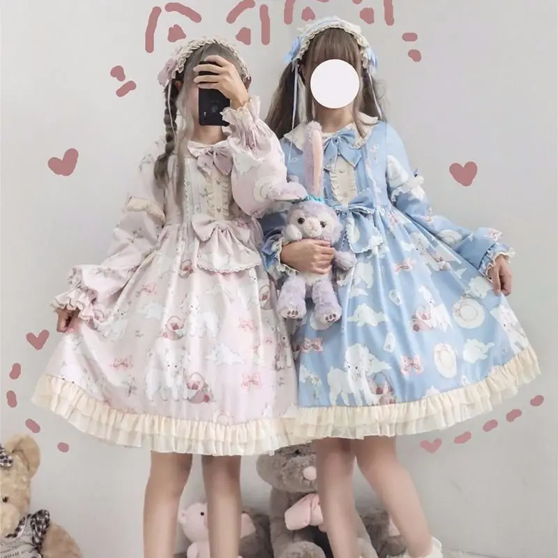 

Kawaii Japanese Lolita Vintage dress Lamb Printing lolita dress women soft girl style cute Princess lace dress cute