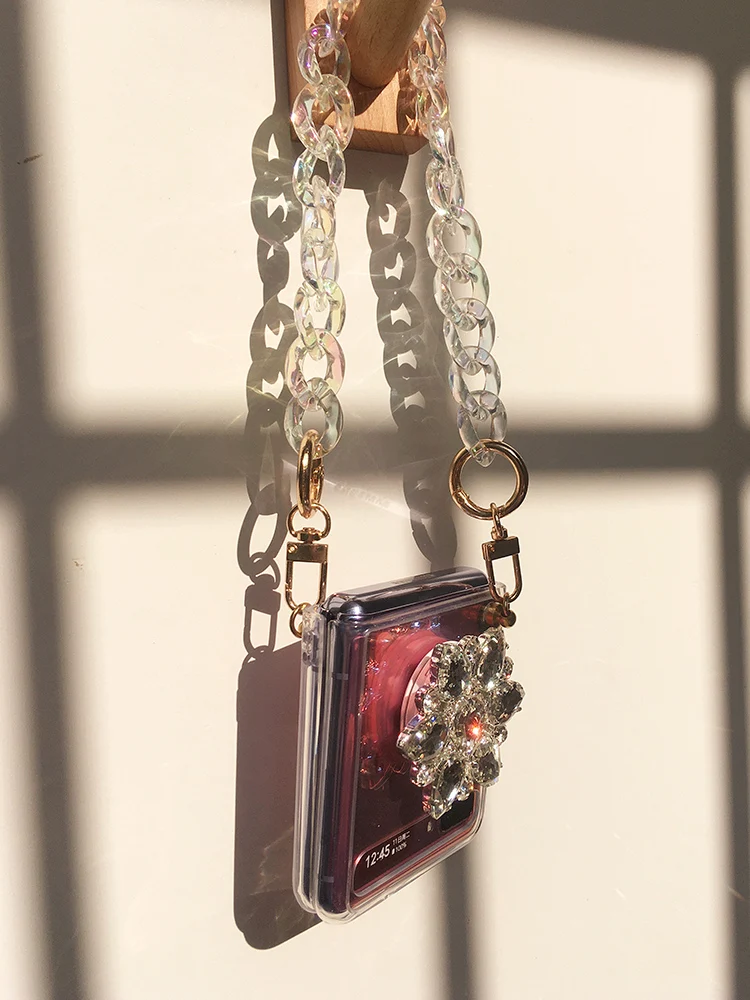 diamond flower transparent phone case with crystal chain for samsung galaxy z flip 5g protective case capa for galaxy z flip 3 free global shipping