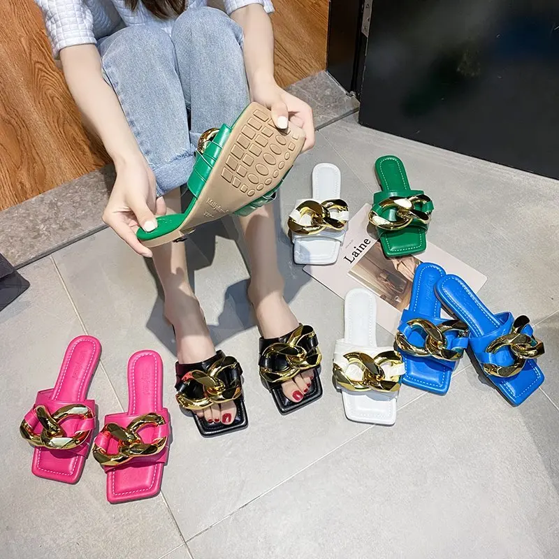 

Flat Shoes Female Ladies' Slippers Square Toe Slipers Women Rivet Luxury Slides Multicolored Sandals 2021 Designer PU Rubber Met