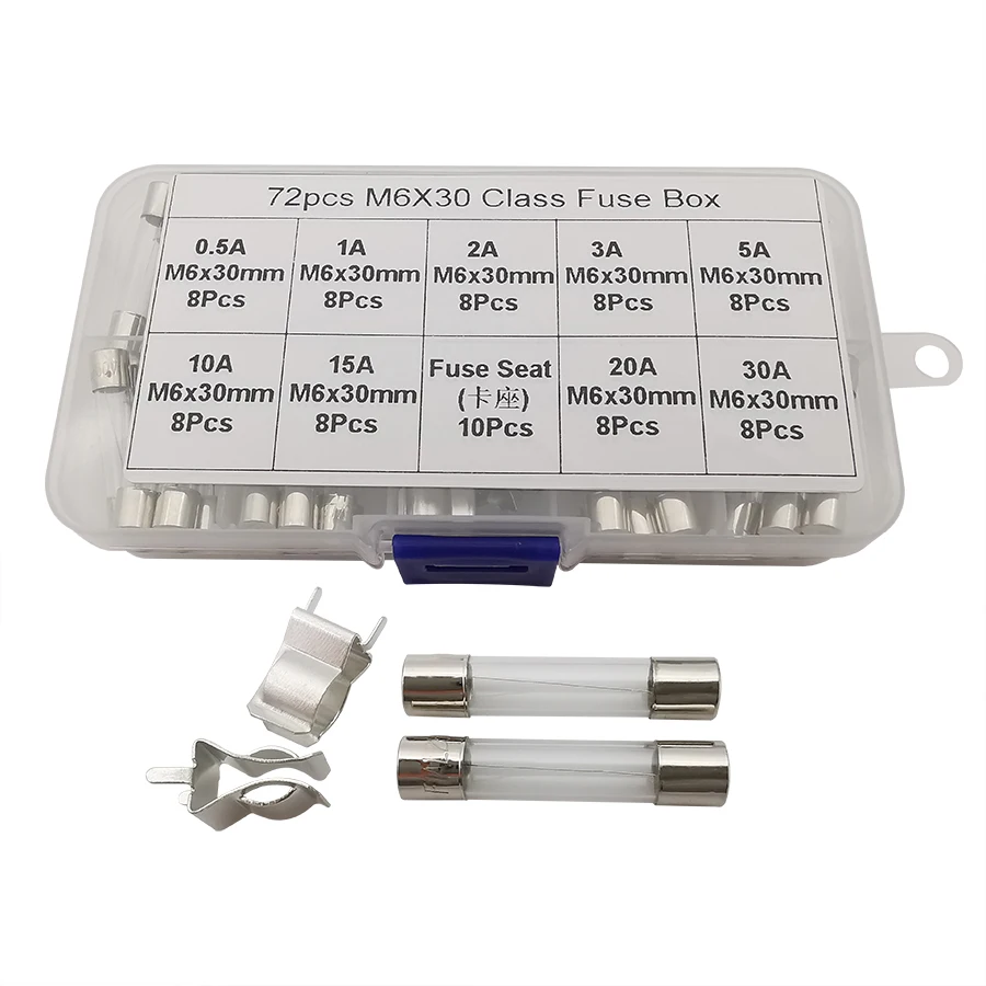 

72Pcs/Box Glass Fuses M6x30mm Fast-Blow Fuse 0.5A 1A 2A 3A 5A 10A 15A 20A 30A Glass Tube Fuses Household Fusiveis Assorted Kit