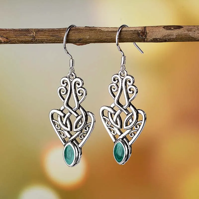 A Boho, зеленый камень, маленькие висячие серьги, для женщин, полые серьги, висячие, серебряный цвет, винтажные индийские ювелирные изделия, крючок, серьги, этнические, DBE043 - Окраска металла: A