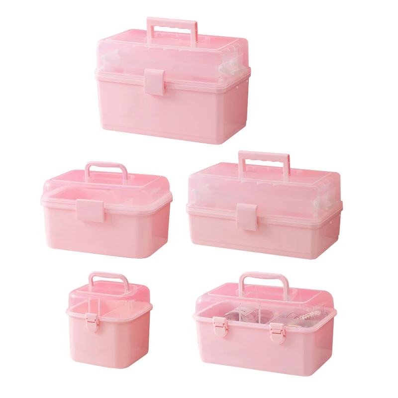 

Pink Transparent Plastic Multi-layer Children's Hair Accessory Box Desktop Cosmetics Jewelry Manicure Three-layer Storage Box