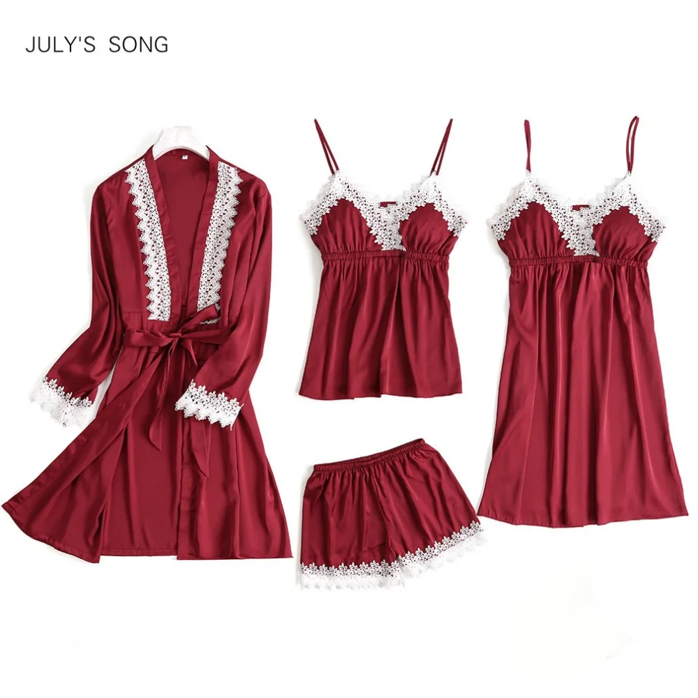 

Пижамный комплект JULY'S SONG женский из 4 предметов, кружевная пижама из искусственного шелка, рубашка на бретельках без рукавов и шорты, летняя ...