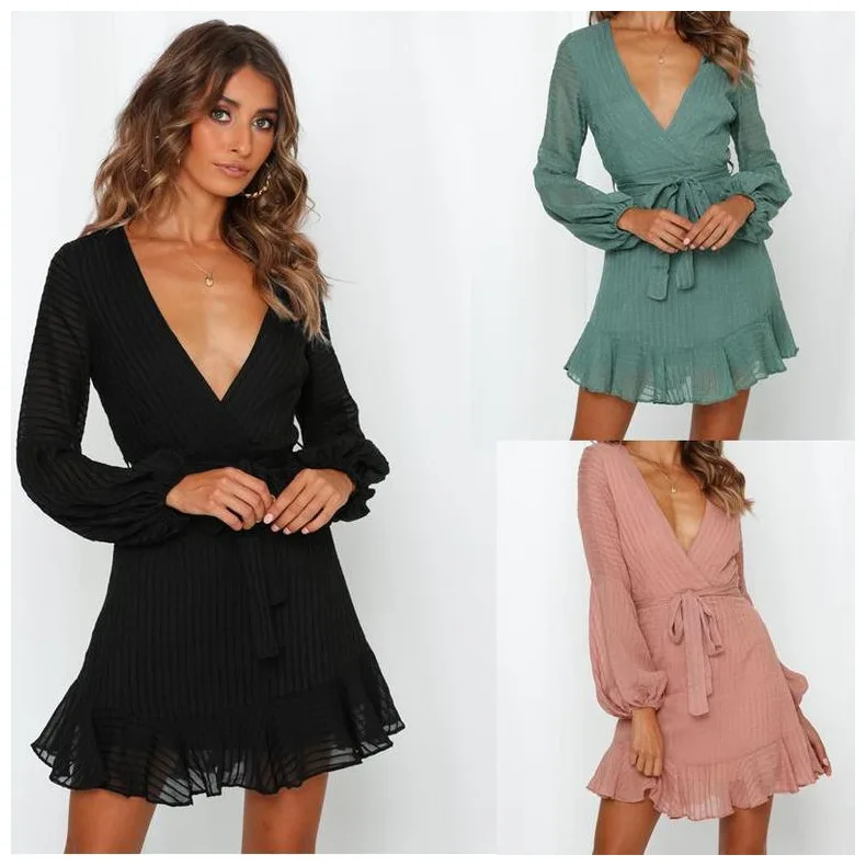 

WEPBEL Women's Sexy Long Sleeve V-neck High Waist Ruffles Stitching Dress Spring Autumn Fashion Lace Up Slim Solid Color Dress