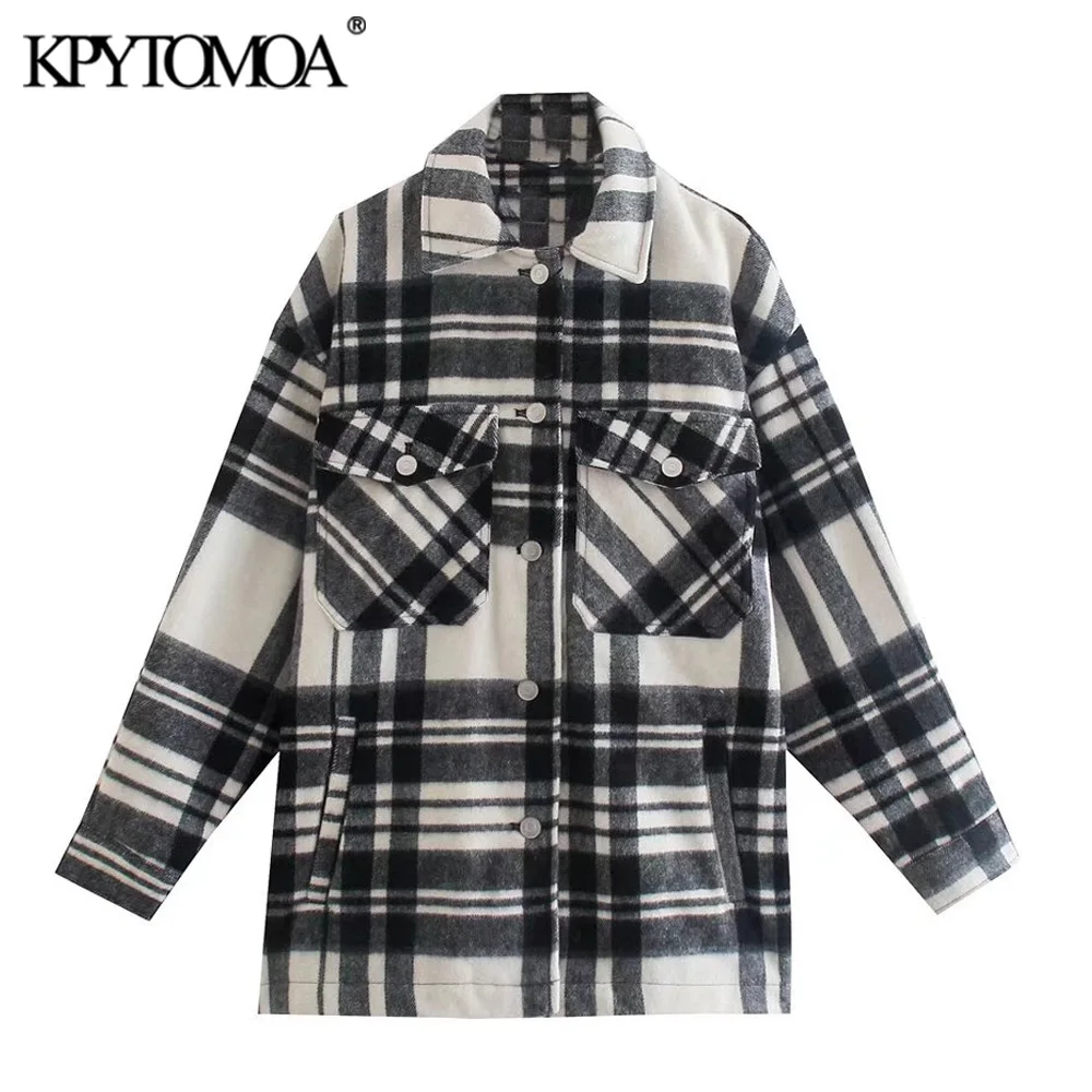 

KPYTOMOA Women Fashion With Pockets Oversized Check Jacket Coat Vintage Long Sleeve Pockets Female Outerwear Chic Overshirt