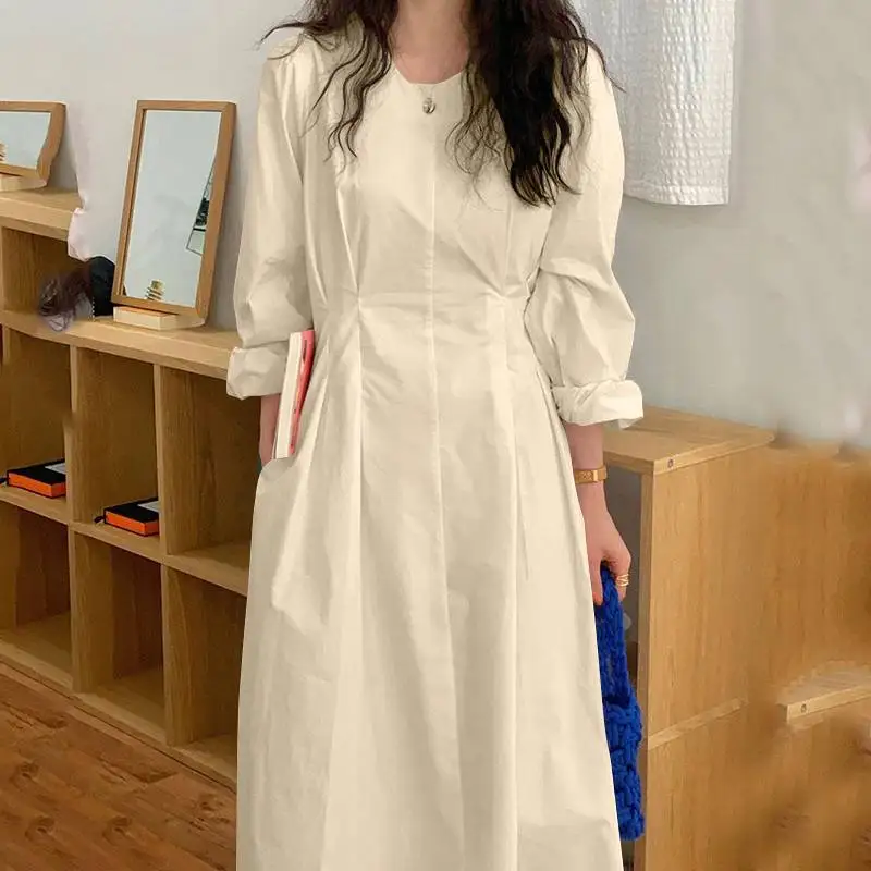 

VONDA Autumn Pleated Dress Women Clothing Loose Beach Tunic Sundress Casual Long Sleeve Solid O Neck High Street Vestidos