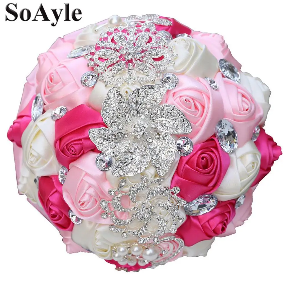 

SoAyle Handmade 18CM Artificial Rose Flowers 3 Colors Rhinestone Bride Bridesmaid Buequet Diamond Brooch Wedding Bouquet W228