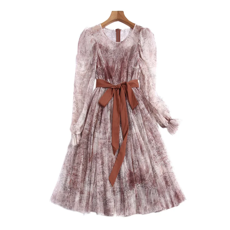 

Женское праздничное платье миди, модельное элегантное винтажное платье из сетчатой марли с длинным рукавом и принтом для отпуска, весна-лет...
